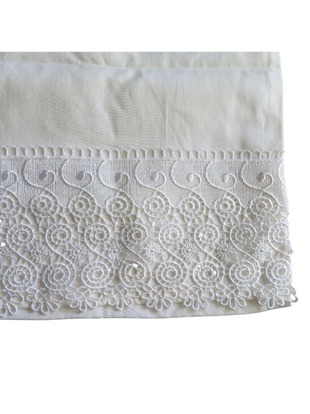 One Vintage Cotton White Pillowcase Embroidered Lace Trim Standard Size
